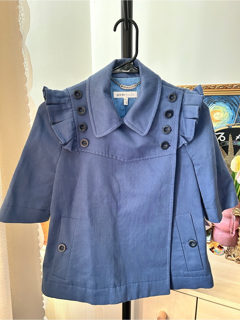 See By Chloe Blue Double-Breasted Pea Coat with Ruffle Shoulders